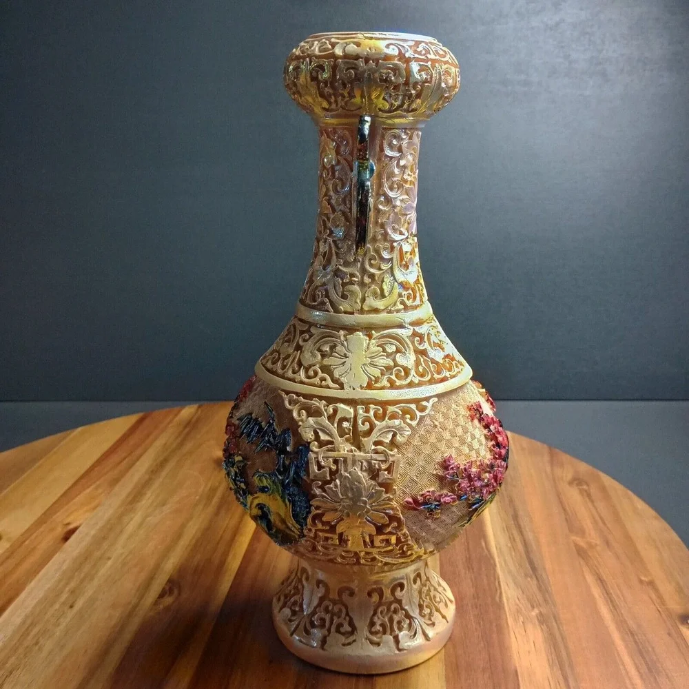 Vintage Antique Carved Resin Vase Asian Japanese Chinese Satsuma Style 12
